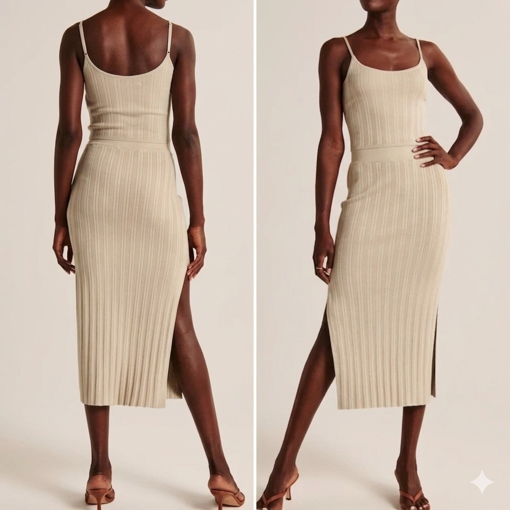 Abercrombie & Fitch XL Beige Ribbed Knit 2 Piece Midaxi Skirt and Crop Top Set